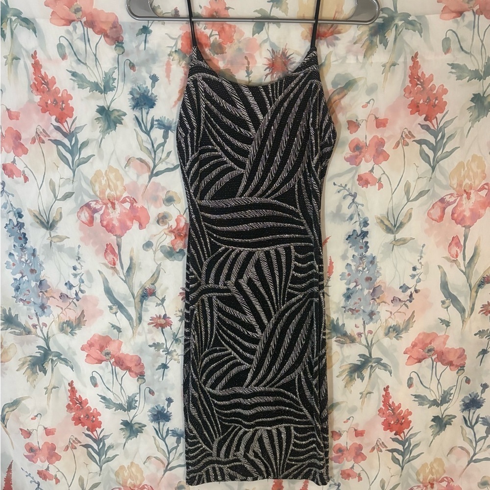 Vintage Black Spaghetti-Strap Patterned Slip Dress
